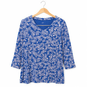 J Jill Pima 3/4 Sleeve V-Neck Tee Womens Size 2X Blue Paisley Print Bohemian